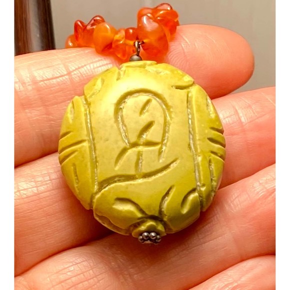 Coral Carnelian Chipstone Necklace Carved Olive Serpentine Jade Pendant Sterling - Picture 2 of 10